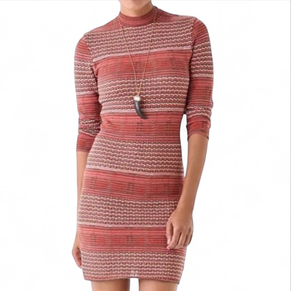 FREE PEOPLE Groovy Burgundy Stripe Sweater Knit Mock Mini Dress Retro Boho Sz M
